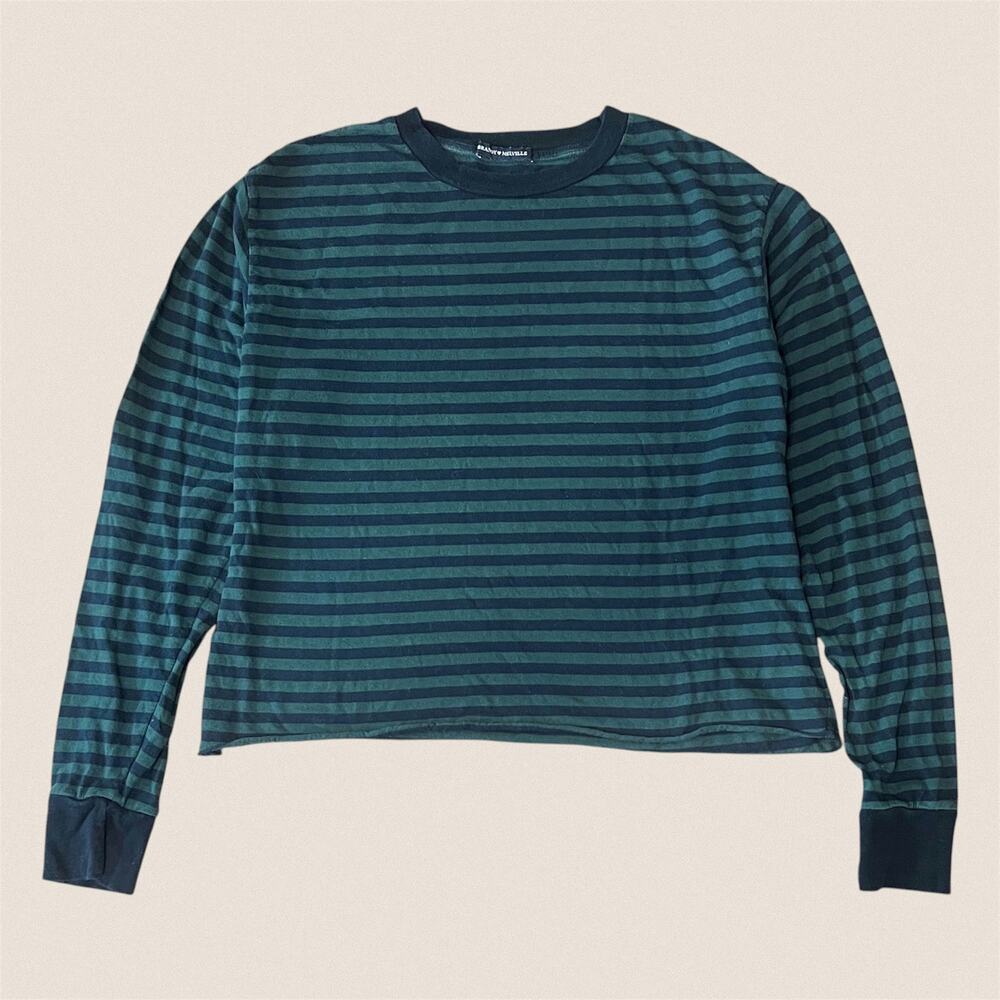 Brandy Melville Oversized Cropped Striped Long Sleeve Shirt Green Navy Blue